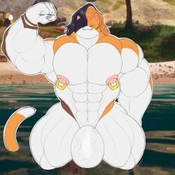 1:1 1boy 2023 5_fingers abs anthro areola biceps big_muscles big_penis biped bracelet calico_cat claws digital_media_(artwork) domestic_cat epic_games fangs felid feline felis fingers flaccid fortnite gay genitals hi_res huge_cock huge_muscles humanoid_genitalia humanoid_penis jewelry male mammal meowscles meowscles_(fortnite) muscular muscular_anthro muscular_male navel nipple_piercing nipples nude pecs penis piercing purradise_meowscles quads simple_background smile solo teeth thick_thighs triceps wide_hips yamwamm