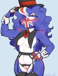 1girls big_breasts black_panties countryhumans countryhumans_girl crotchless_panties exposed_pussy hat kittenfacesins multicolored_hair three_tone_hair united_kingdom_(countryhumans)