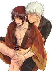 2boys bar_censor dark_hair erection from_behind gintama gintoki_sakata hair_over_one_eye handjob igaitaindesuwa kimono looking_at_another looking_back male male_only one_eye_closed open_kimono penis reach_around sitting_on_lap sitting_on_person smile sweat takasugi_shinsuke white_hair yaoi