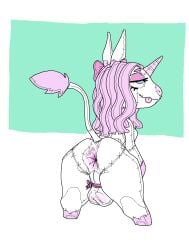 anthro anus ass backsack balls equid equine genitals gynomorph horn intersex mammal nsfuwu4 perineum plushie presenting presenting_anus rosie_(roselynn_meadow) solo spread_butt spread_legs spreading stitch_(sewing) unicorn