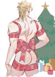 1boy ass back birthmark blonde_hair bound bound_arms bound_legs bound_torso bubble_ass bubble_butt butt christmas christmas_present christmas_tree dio_brando from_behind gay gift huang_lia joestar_birthmark jojo's_bizarre_adventure long_hair male male_focus muscular muscular_male naked_ribbon pectorals ribbon ribbon_bondage shiny_ass shiny_skin solo stardust_crusaders