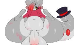 anthro ass balls belly big_balls big_butt big_penis bodily_fluids bottomless clothed clothing digital_media_(artwork) front_view generation_6_pokemon genitals goodra grey_body hat headgear headwear hoodie kaizo_(character) kaizocns legs_up male nintendo partially_clothed penis pokemon pokemon_(species) red_clothing red_hoodie red_topwear simple_background solo tail thick_thighs top_hat topwear white_background