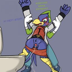 anthro avian bathroom_control bathroom_denial bird blush bodily_fluids chameleon clothed clothing dialogue duo falco_lombardi flaccid forced_wetting genital_fluids genitals hi_res illegaleel leon_powalski lizard male male/male nintendo omorashi partially_clothed peeing penis reptile restrained scalie simple_background small_penis star_fox text toilet underwear underwear_around_legs underwear_down urine urine_stream wetting