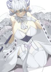 armored_dress demon demon_girl duel_monster female huge_breasts labrynth_of_the_silver_castle legwear looking_at_viewer lovely_labrynth_of_the_silver_castle mogu1000 solo white_background white_dress white_hair wings yu-gi-oh!