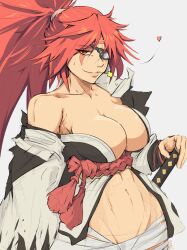 1girls abs absurd_res arc_system_works baiken bandage bangs bare_shoulders big_breasts boob_window cleavage exposed_shoulders facial_markings guilty_gear heart hi_res katana looking_at_viewer navel pink_hair ponytail red_eyes simple_background smile solo sword weapon white_background yoracrab