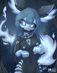 anthro black_skin blue_eyes blue_hair body_paint breasts eeveelution eyelashes female hair hand_under_breasts looking_at_viewer oc open_mouth pokemon rilex_lenov