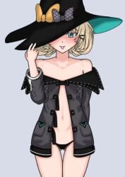 1girls ass_visible_through_thighs bare_shoulders belly_button big_hat black_panties blonde_hair blue_eyes coat coat_on_shoulders exposed_shoulders flat_chest flat_chested hair_clips hair_ribbons hat millie_parfait navel nijisanji nijisanji_en no_bra one_eye_covered one_eye_obstructed panties ribbons short_hair solo solo_female solo_focus thatpervtako_(shinki93) thigh_gap tongue tongue_out virtual_youtuber witch witch_hat yellow_hair