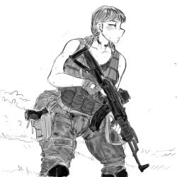 1futa 2022 army bangs bare_shoulders big_penis black_hair blush breasts bulge clothed clothing flaccid fully_clothed futa_only futanari gun human military military_uniform olivia666s olivia_(olivia666s) penis short_hair soldier solo standing sweat twintails weapon