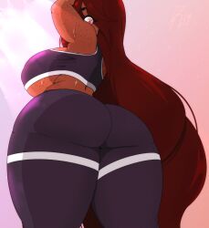 big_ass big_butt brown_hair brown_skin cinnamon_(riley_moore) freckles gym_clothing gym_uniform huge_ass leggings looking_down pink_eyes purpleguyri riley_moore_(artist) thick_ass thick_thighs upward_shot