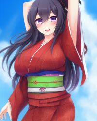 ai_generated arm_up big_breasts black_hair blue_sky cleavage cowboy_shot eyes female floating_hair hair_between omamori_himari