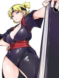 1girls bare_chest bare_legs blonde_hair blue_eyes breasts busty cleavage covered_navel fan female female_only folding_fan frown fully_clothed hand_on_hip headband highres holding_object japanese_clothes kimono kunoichi large_breasts naruto naruto_(series) naruto_shippuden ninja no_bra no_panties quad_tails solo sunagakure_symbol takayama_toshinori temari voluptuous white_background