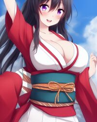 ai_generated arm_up big_breasts black_hair blue_sky cleavage cowboy_shot eyes female floating_hair hair_between omamori_himari