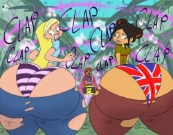 3girls ass ass_clapping ass_cleavage ass_expansion assquake big_ass black_hair blonde_hair body_control bottom_heavy bouncing_ass braceface braces british_flag bubble_butt bursting_clothes butt_crack clapping_cheeks clothing da-fuze debris earthquake falling_debris falling_rocks fat_ass female female_only flag flag_bikini flag_panties flag_print gold_boombox_(prevence) huge_ass large_ass laugh laughing maria_wong nina_harper orange_hair panties pants sharon_spitz shirt thick_ass thick_thighs thunder_thighs torn_clothes twerk_hypnosis twerking wide_hips