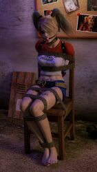 1girls 3d 3d_(artwork) ball_gag barefoot batman_(series) blonde_hair bondage bound bound_ankles bound_arms bound_legs bound_wrists bulletin_board chair chair_bondage choker damsel_in_distress dc dc_comics dyed_hair female female_only fortnite fortnite:_battle_royale harley_quinn harley_quinn_(fortnite) harley_quinn_(injustice) hotpants injustice_2 kidnapped light-skinned_female long_sleeves makeup multicolored_hair rope rope_bondage short_shorts shorts solo struggling suicide_squad suicide_squad_(2016) tattoos thighs tied_to_chair tied_up twintails unknown_artist villain white_shirt