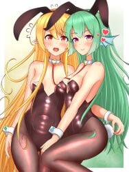 2girls bare_shoulders blonde_hair blush bunny_ears bunny_tail bunnysuit collar duo duo_female duo_focus exposed_shoulders female female_only finana_ryugu green_hair head_fins heart leash leash_and_collar looking_at_viewer medium_breasts mizmillificent nijisanji nijisanji_en pointy_ears pomu_rainpuff purple_eyes red_eyes small_breasts virtual_youtuber wrist_cuffs yellow_hair