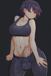 1futa 2023 balls balls_under_clothes big_breasts big_penis black_background black_hair breasts cleavage clothed clothing erection futa_only futanari hair human leggings light-skinned_futanari light_skin midriff mostly_clothed penis penis_out short short_hair solo standing tank_top tight_clothing tomboy uncensored wavy_mouth zoryc