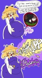 1boy 1girls belly blonde_hair breasts burp burping cheeze_squak commission digestion female_pred hat huge_belly internal internal_view male_prey patting_belly stomach stomach_noises suwako_moriya touhou vore weight_gain