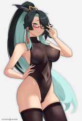 1girls absurdres bangs bare_legs bare_shoulders black_hair black_leotard black_thighhighs blush breasts colored_inner_hair colored_nails covered_erect_nipples covered_navel ear_piercing earrings eyewear female female_only fully_clothed genshin_impact glasses green_eyes hair hair_ornament hairpin hand_on_hip high_ponytail highleg highleg_leotard highres hioyami human_form jewelry large_breasts leotard lipstick long_hair looking_at_viewer multicolored_hair nail_polish ponytail red_glasses revealing_clothes simple_background skindentation sleeveless smile solo stockings streaked_hair thighhighs thighs tight_clothing translucent_clothing white_background xianyun_(genshin_impact)