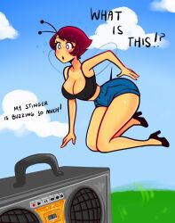 anthro bee bee_girl beeronica beeronica_(character) body_control boombox breasts clothed clothing english english_text female_only gold_boombox_(prevence) insect_girl insect_humanoid insects jean_shorts text thick thick_thighs thighs twerk_hypnosis