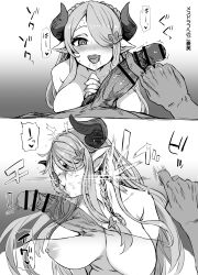 asanagi big_breasts big_dom_small_sub censored cock_slap cockslap demon_horns draph_race_(granblue_fantasy) elf_ears femsub granblue_fantasy horns long_hair maledom monochrome narmaya_(granblue_fantasy) penis_slap pointy_ears size_difference smaller_female