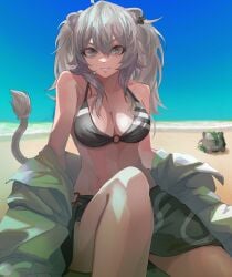 1girls absurdres animal_ears bikini fan_mascot_(vtuber) grey_eyes grey_hair highres hololive hololive_gen_5 hololive_japan lion_ears lion_girl lion_tail mato_(target5260) shishiro_botan smile solo ssrb ssrb_(shishiro_botan) swimsuit tail virtual_youtuber