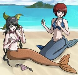 beach bikini bikini_top bottomless chabashira_tenko danganronpa danganronpa_2:_goodbye_despair danganronpa_s:_ultimate_summer_camp danganronpa_v3 embarrassed female koizumi_mahiru mermaid mermaid_girl mermaid_tail mermaid_transformation png post_transformation red_hair shocked shocked_expression straight_hair swimsuit_removed