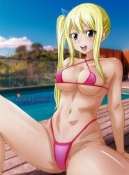 big_breasts bikini blonde blonde_hair bloskai breast_grab breast_squeeze fairy_tail female_only hi_res highres lucy_heartfilia pink_thong pool poolside spread_legs spreading thong thong_bikini