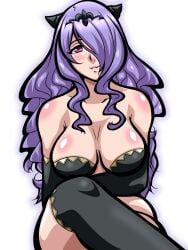 1girls arm_under_breasts bare_shoulders bare_thighs bra breasts camilla_(fire_emblem) crossed_legs elbow_gloves female female_only fire_emblem fire_emblem_fates gloves hair_over_one_eye horns inabakun00 large_breasts looking_at_viewer nintendo pink_eyes purple_hair shoulders sitting smile solo thighhighs thighs