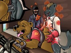 anal anthro balls bear caught dbruin felid genitals group healing healing_through_sex human humor looking_pleasured male male/male mammal pantherine penetration penis red_cross sex shocked spy team_fortress_2 tongue tongue_out trio weapon