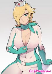 artist_name big_breasts blonde_hair blue_eyes cleavage crown earrings female ge-b gebyy-terar hair_over_one_eye jumpsuit looking_at_viewer mario_(series) mario_kart mightykow nintendo one_eye_covered princess_rosalina solo unzipping zipper_down