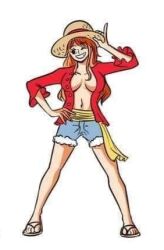 artist_request big_breasts blue_pants cosplay exposed_breasts female female_only monkey_d_luffy_(cosplay) nami one_piece orange_hair post-timeskip red_shirt straw_hat