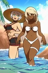 2girls akairiot beach choker elphelt_valentine female female_only guilty_gear hat ramlethal_valentine sisters swimsuit thick_thighs water