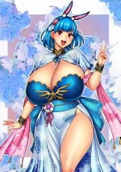 1girls absurdres animal_ears back_bow bakunyuu bangs blue_flower blue_hair blue_hair_female blunt_bangs blush blushing_at_viewer body_outline border bow bracelet breasts bunny_ears candy_blue_hair chinese_clothes chinese_new_year chinese_zodiac cleavage cowboy_shot curvaceous dress dress_slit earrings enormous_breasts erkaz erkaz_(artist) erkazooya errorkazoo eyebrows_visible_through_hair fake_animal_ears fake_bunny_ears fake_rabbit_ears female_focus floral_background floral_print full_cleavage fully_clothed fully_clothed_female hagoromo hair_ribbon happy happy_face happy_female hi_res high_resolution highres hip_vent hoop_earrings hourglass_figure huge_breasts huge_cleavage jewelry linea_alba looking_at_viewer lunar_new_year massive_breasts no_panties obi open_mouth open_mouth_smile original original_character outline outside_border pantyless peace_sign rabbit_ears red_eyes ribbon rina_atherina rina_atherina_(errorkazoo) sash shawl shiny_clothes shiny_skin short_blue_hair short_hair short_hair_female side_slit skindentation smile smiling_at_viewer solo solo_female standing standing_female thick_thighs top_heavy upper_teeth v v_sign voluptuous voluptuous_female white_border white_outline wide_hips year_of_the_rabbit