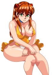 1girls alcione alternate_breast_size alternate_eye_color asuka_langley_sohryu bare_legs bare_shoulders big_breasts breasts busty cleavage covered_navel dress expressionless female female_only green_eyes highres invisible_chair large_breasts legs lips looking_at_viewer navel neon_genesis_evangelion nipple_slip nipples orange_hair panties shiny_skin short_dress sitting sleeveless sleeveless_dress solo sundress thick_thighs thighs thong twintails underwear voluptuous white_panties wide_hips yellow_dress