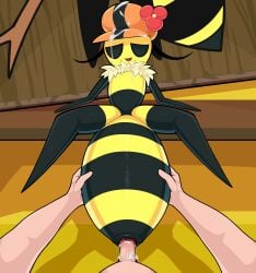 1boy1girl absurd_res antennae_(anatomy) anthro arthropod arthropod_abdomen arthropod_abdomen_genitalia arthropod_abdomen_penetration bee bodily_fluids bug_fables clothing cum cum_inside cum_on_body cum_on_clothing duo female first_person_view genital_fluids genitals hat headgear headwear hi_res human human_on_anthro human_penetrating hymenopteran insects interspecies male male/female male_on_anthro male_penetrating mammal moonsprout_games open_mouth overseer_(bug_fables) penetration sex spread_legs spreading zeamaeri