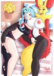 accessory akeno_(itsnafulol) anthro big_breasts black_body black_clothing black_fur blue_hair breast_play breast_sucking breastfeeding breasts canid canine clothed clothing counter delphox dirtyduckart duo ear_piercing female female/female finger_fuck fingering flower flower_in_hair fox fur generation_6_pokemon hair hair_accessory hand_on_head hi_res human human_on_anthro inner_ear_fluff interspecies legs_up legwear mammal nintendo nipples outside piercing plant pokemon pokemon_(species) pokephilia purple_eyes red_body red_eyes red_fur shirt smile spread_legs spreading stockings sucking tail text text_on_clothing text_on_shirt text_on_topwear tongue tongue_out topwear torn_clothing torn_legwear torn_stockings tuft vaginal_penetration white_body white_fur yellow_eyes yuri