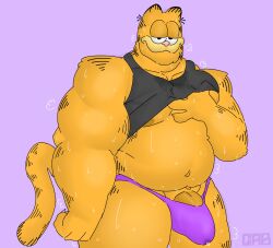 2021 4_fingers anthro areola biceps biped bodily_fluids bottomwear bulge claws clothed clothing digital_media_(artwork) domestic_cat felid feline felis fingers flaccid fur gab_art garfield_(series) garfield_the_cat genital_fluids genitals hi_res male male_only mammal musclegut muscular muscular_anthro muscular_male narrowed_eyes navel nipples orange_body orange_fur paramount_pictures paws,_inc. pecs penis precum simple_background smile solo sweat sweatdrop sweaty thick_thighs topwear triceps wide_hips