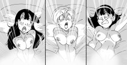 3girls 3milfs absurdres bangs blunt_bangs breasts bulma_briefs chichi clenched_teeth commentary dragon_ball dragon_ball_super english_commentary female female_only funsexydragonball glowing greyscale hair_down hairband highres hime_cut husband_and_wife implied_sex implied_vaginal large_breasts long_hair lying medium_breasts missionary monochrome multiple_girls nipples on_back open_mouth short_hair sweat teeth vaginal_penetration videl videl_(dragon_ball_super)