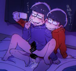 2boys anal anal_sex blush brothers camera censored gay holding_camera hoodie incest male male_only mari-mason matsuno_ichimatsu matsuno_osomatsu osomatsu-san peace_sign recording sweat yaoi