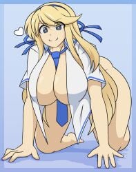 1girls blonde_hair bottomless digital_media_(artwork) dress_shirt female_only grey_eyes huge_breasts katsuragi_(senran_kagura) large_breasts long_hair looking_at_viewer ribbon senran_kagura short_sleeves smiling_at_viewer solo_female takano_(artist) tie_between_breasts unbuttoned_shirt wide_hips