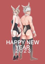 1boy 1girls 2023 alternate_costume ass black_legwear black_thighhighs blonde_hair bunny_boy bunny_ears bunny_girl bunny_tail bunnysuit crossdressing facial_scar fake_animal_ears female full_body garter_straps gintama gintoki_sakata gintokisimp hair_bun high_heels looking_at_viewer looking_back male male_playboy_bunny nail_polish new_year purple_eyes red_background red_nails sheer_legwear sideboob smile standing stockings thighhighs tsukuyo wrist_cuffs year_of_the_rabbit