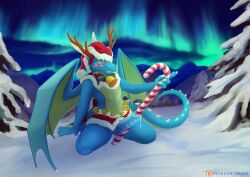 anthro aurora_(phenomenon) bell blue_body candy candy_cane cape christmas christmas_clothing clothing dessert dragon fir_tree food genitals hi_res holidays male mountain mythological_creature mythological_scalie mythology penis reindeer_hat scaled_penis scalie skyvo snow solo solo_male wings winter