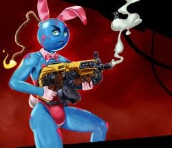 1boy blood bomb bomb_humanoid bunny_ears bunnysuit femboy firearm fuse getgianni gianni_matragrano green_eyes holding_weapon looking_at_viewer penis_bulge quake smileybomb smoking_gun solo