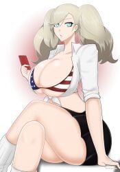 1girls alternate_ass_size alternate_body_type alternate_breast_size american_flag_bikini ann_takamaki atlus axel_persona bikini blonde_hair blue_eyes breasts cleavage crop_top crossed_legs female gigantic_breasts gyaru huge_breasts light-skinned_female light_skin long_hair looking_at_viewer massive_breasts persona persona_5 phone schoolgirl short_skirt skirt thick_thighs thighs twintails