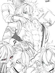 154_doge 2boys alhaitham_(genshin_impact) anger_vein annoyed big_chest big_pecs book embarrassed genshin_impact green_eyes hands_on_breasts huge_pecs kaveh_(genshin_impact) male_breasts male_only red_eyes squeezing_breast surprised surprised_expression yaoi