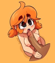 1boy 1girls big_penis black_eyes blowjob drawmatt licking_penis looking_at_viewer nipples nude open_mouth orange_hair original original_character sheep_(drawmatt) short_hair simple_background