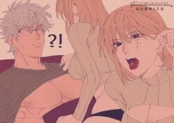 1boy 1girls ?! alternate_costume black_panties blonde_hair cleavage cleavage_cutout facial_scar female femdom gintama gintoki_sakata glasses hair_down keyhole keyhole_turtleneck male medium_hair messy_hair multiple_views muscles muscular_male open_mouth panties pecs ribbed_sweater scar shirt_lift short_hair sitting_on_person straddling surprised sweatdrop sweater tiramisucorgi tongue_out tsukuyo turtleneck