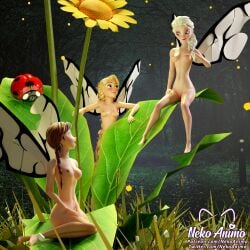 3d anna_(frozen) blonde_hair breasts brunette butterfly_wings crossover disney disney_fairies disney_princess elsa_(frozen) fairies fairy female flowers frozen_(film) golden_hair ladybird nekoanimo nipples nude pussy rapunzel shaved_pussy slim_figure tangled thighs uncensored wings