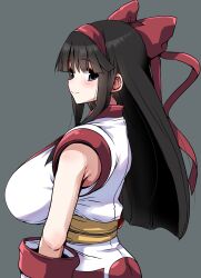 1girls ainu_clothes big_breasts black_hair breasts busty female female_only hair_ribbon highres hirowa_nagi huge_breasts long_hair looking_at_viewer looking_back nakoruru purple_eyes ribbon samurai_shodown sideboob smile snk solo voluptuous