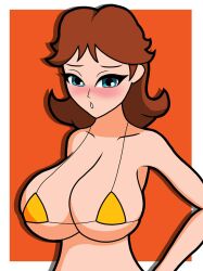 1girls big_breasts bikini blue_eyes blush breasts brown_hair busty cleavage female female_only highres kevthunder23 large_breasts looking_at_viewer mario_(series) micro_bikini nintendo open_mouth princess princess_daisy short_hair solo swimsuit yellow_bikini